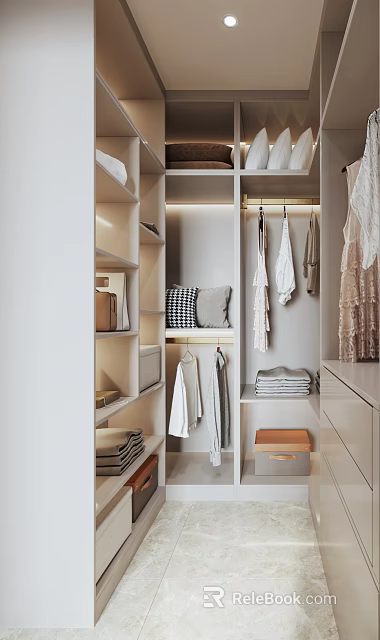 Modern Walk in Closet Interior Design With Hanging Clothes Folded Items Shelves And Drawers Storage 3d model 