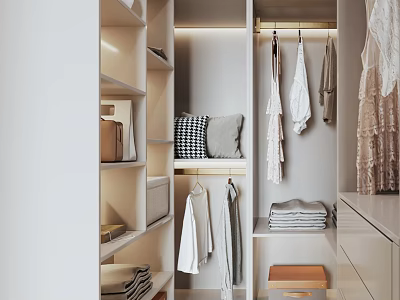 Modern Walk in Closet Interior Design With Hanging Clothes Folded Items Shelves And Drawers Storage 3d model