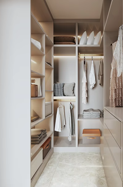 Modern Walk in Closet Interior Design With Hanging Clothes Folded Items Shelves And Drawers Storage 3d model