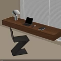 Modern Wooden Desk Interior With Laptop Table Lamp And Black Chair By Window Blinds