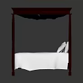 Classic Four Poster Double Bed With Mahogany Frame Carved Headboard White Mattress And Pillows