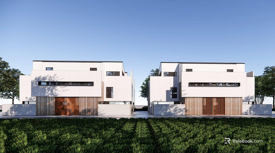 Modern Semi Detached Villa With White Exterior Wooden Elements And Green Lawn 3d model 