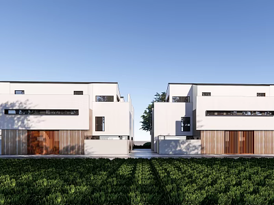 Modern Semi Detached Villa With White Exterior Wooden Elements And Green Lawn 3d model