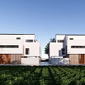 Modern Semi Detached Villa With White Exterior Wooden Elements And Green Lawn