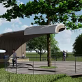 Outdoor Roadside Pedestrian Platform With Circular Design Railing Trees And Grassland