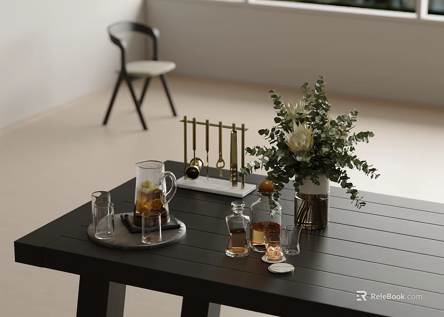 Modern Decorative Ornament Set With Vase Greenery Glass Cups And Fragrance Bottles On Black Table 3d model 