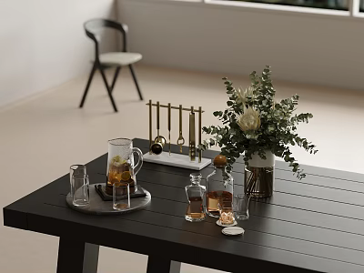 Modern Decorative Ornament Set With Vase Greenery Glass Cups And Fragrance Bottles On Black Table 3d model