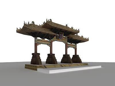 Chinese Traditional Archway with Intricate Carvings Ornate Roof and Stone Pillars 3d model