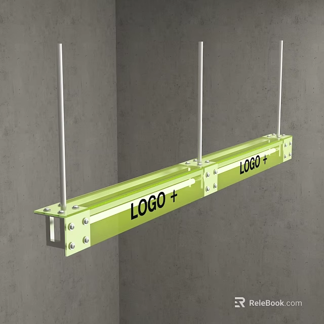 Green Long Strip Desk with LOGO Plus Hanging Metal Rods and Grey Wall 3d model 