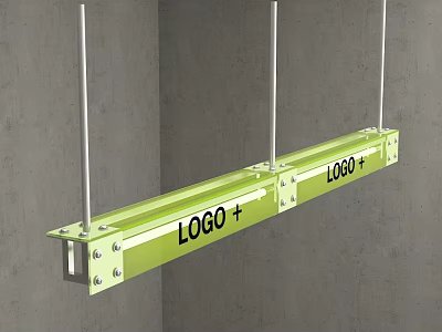 Green Long Strip Desk with LOGO Plus Hanging Metal Rods and Grey Wall 3d model