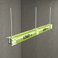 Green Long Strip Desk with LOGO Plus Hanging Metal Rods and Grey Wall