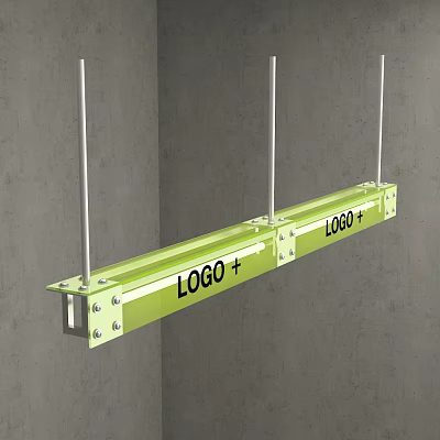 Green Long Strip Desk with LOGO Plus Hanging Metal Rods and Grey Wall 3d model
