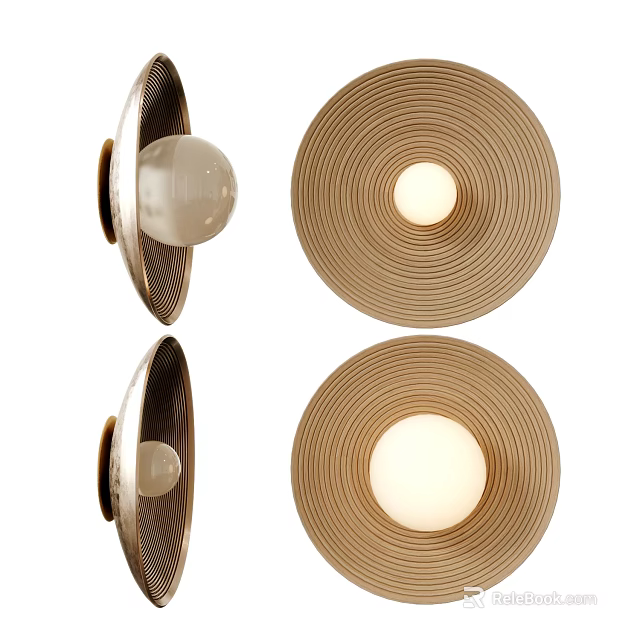 Elegant Gold Circular Wall Lamp With Striped Design And White Bulb 3d model 