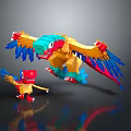 Colorful Building Block Constructed Large And Small Bird Figures With Vibrant Feathers