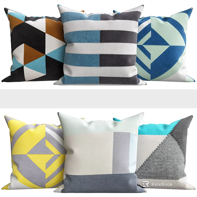 Modern Geometric Pillows With Striped Triangular Patterns In Blue Gray Yellow White 3d model