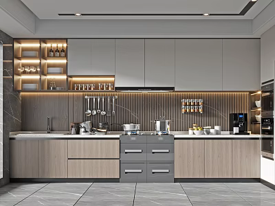 Modern Kitchen Interior Design With Gray And Wood Tone Cabinets Hanging Utensils And Wall Shelves 3d model