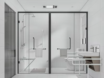 Public Restroom Modern Accessible Design With White Tiles Glass Partitions Shower Area And Wash Basin 3d model