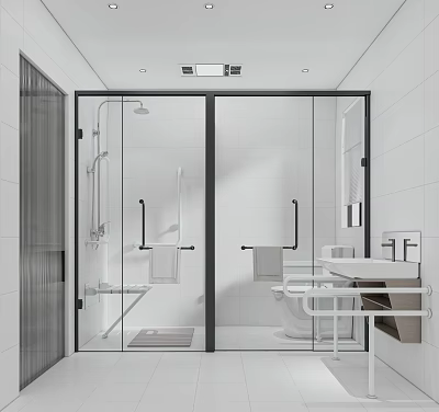 Public Restroom Modern Accessible Design With White Tiles Glass Partitions Shower Area And Wash Basin 3d model