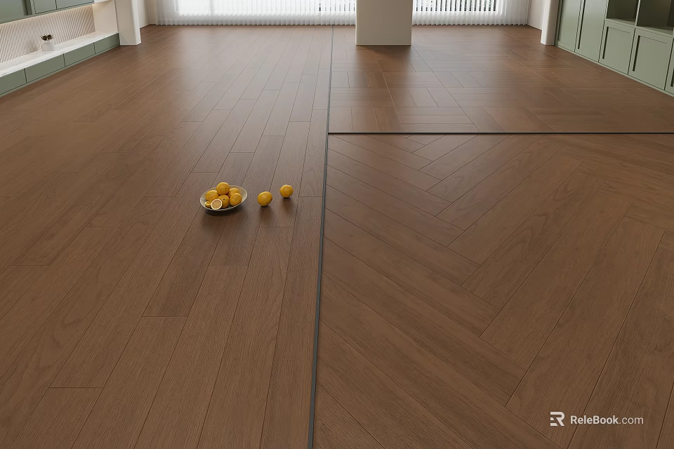 Wooden Floor With Straight Planks And Herringbone Pattern Bowl Of Lemons On Surface 3d model 