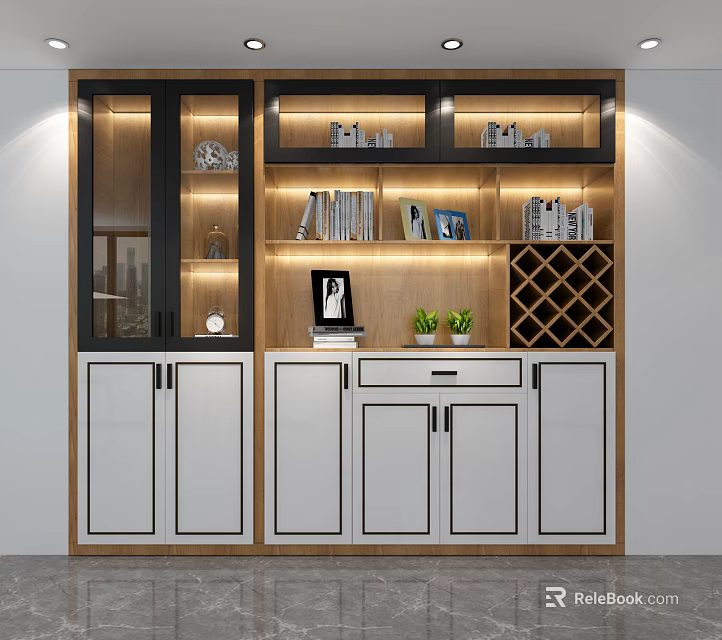 Modern Wine Cabinet Design With Wooden And White Doors Wine Rack Bookshelves And Decorative Lighting 3d model 