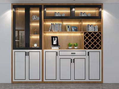 Modern Wine Cabinet Design With Wooden And White Doors Wine Rack Bookshelves And Decorative Lighting 3d model