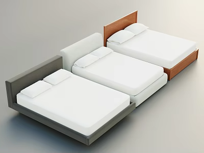 Modern Minimalist Double Bed With Upholstered And Wooden Headboards White Mattress And Pillows 3d model