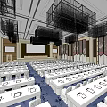 Conference Room Interior Setup With Long Tables Chairs Ceiling Decorations And Projection Screen