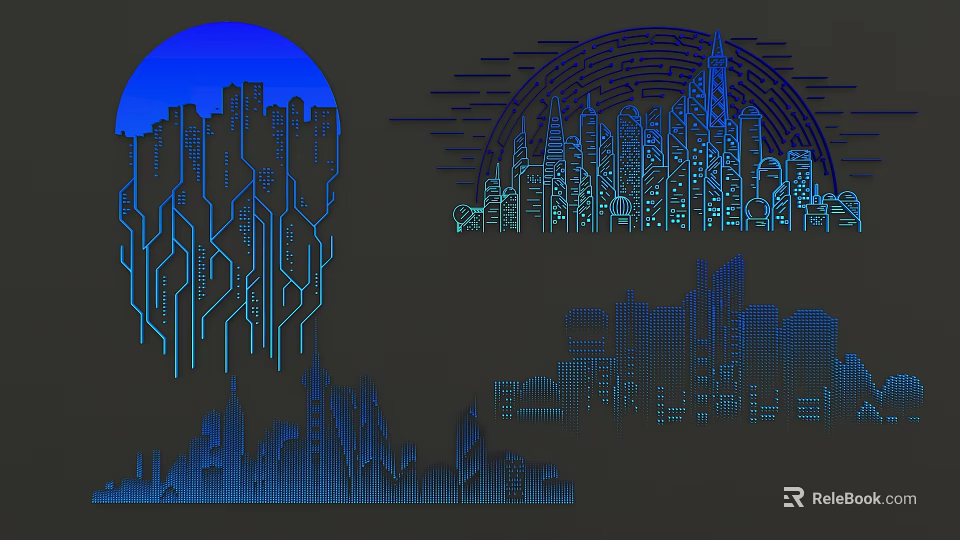 Stylish Urban Skyline Wall Decor with Blue Silhouette and Modern Patterns 3d model 
