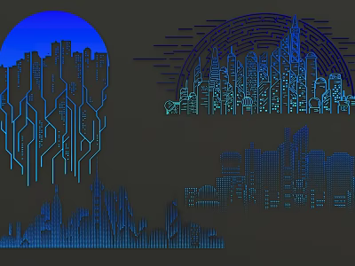 Stylish Urban Skyline Wall Decor with Blue Silhouette and Modern Patterns 3d model