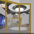 Modern School Classroom With Starry Theme Ceiling Planet Models Yellow Structures And Bookshelves 3d model