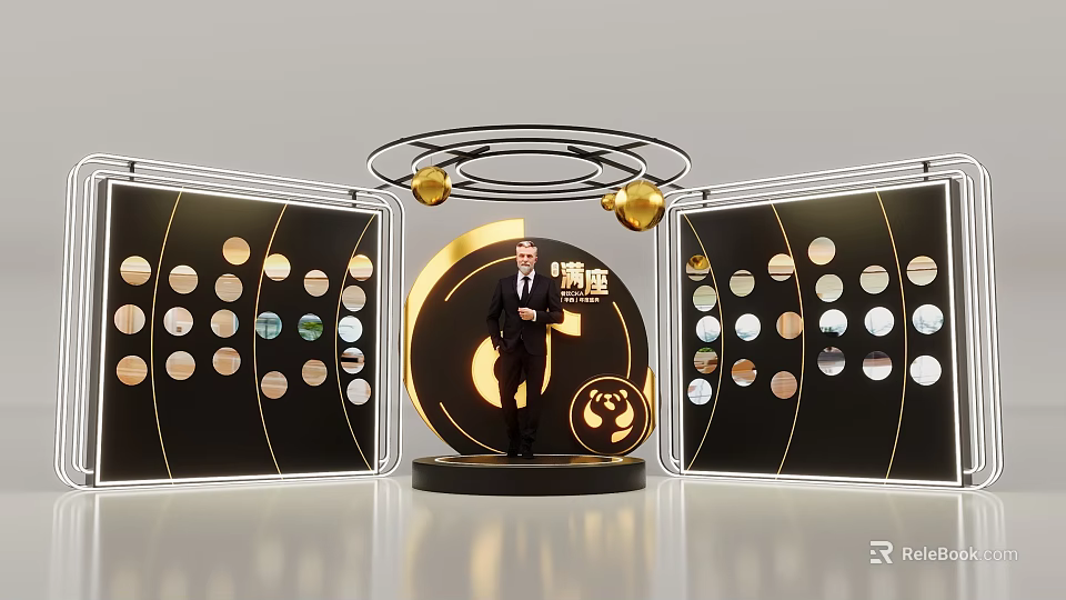 Elegant Modern Photo Spot With Circular Platform Golden Decorations And Display Walls 3d model 