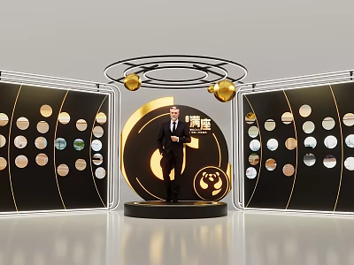 Elegant Modern Photo Spot With Circular Platform Golden Decorations And Display Walls 3d model