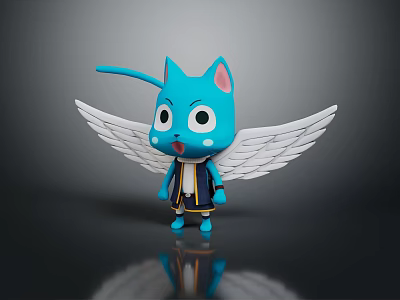 Anime Style Blue Cat Game Movie Character With White Wings And Big Eyes 3d model