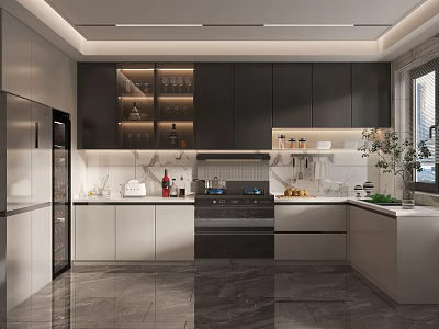 Modern Open Kitchen Interior With Dark Light Cabinets Marble Countertop And Appliances 3d model