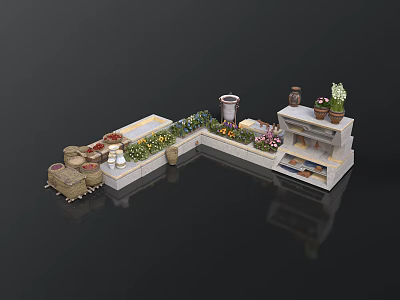 Outdoor Garden Courtyard Layout With Flower Beds Clay Pots And Wooden Bench 3d model