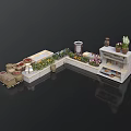 Outdoor Garden Courtyard Layout With Flower Beds Clay Pots And Wooden Bench