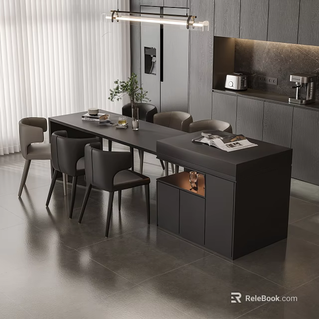 Modern Dining Table Set Featuring Black Chairs Cabinet Tableware And Plant In Contemporary Kitchen Area 3d model 