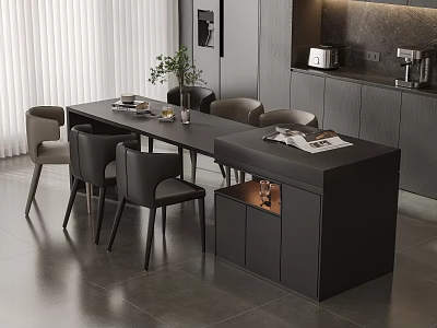 Modern Dining Table Set Featuring Black Chairs Cabinet Tableware And Plant In Contemporary Kitchen Area 3d model