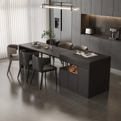 Modern Dining Table Set Featuring Black Chairs Cabinet Tableware And Plant In Contemporary Kitchen Area 3d model