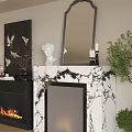 Black And Marble Fireplaces With Flames Mirror Statue And Bird Painting Decorations