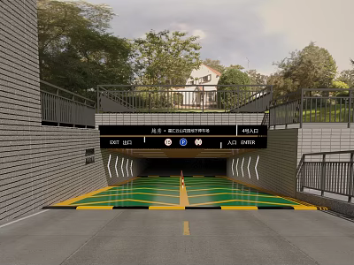 Tunnel Entrance With Green Yellow Stripes Railings Building Trees And Signs 3d model
