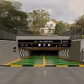 Tunnel Entrance With Green Yellow Stripes Railings Building Trees And Signs