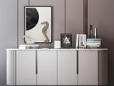 Modern Minimalist Console Table Interior With Decorative Painting Books Photo Frame And Vase 3d model