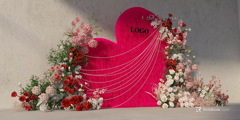 Pink Heart Shaped Decor With Logo Pearl Chains And Colorful Flowers 3d model 