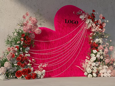 Pink Heart Shaped Decor With Logo Pearl Chains And Colorful Flowers 3d model