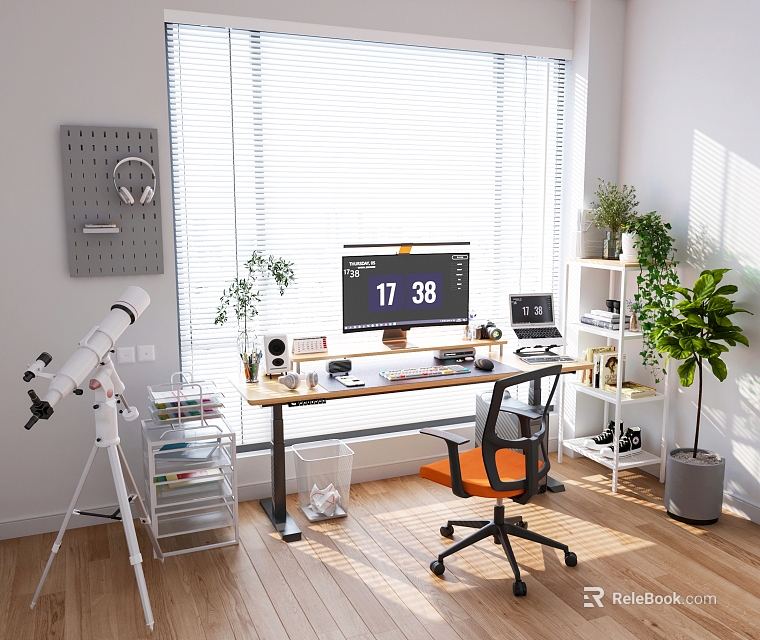 Bright Home Office Desk With Computer Monitor Headphones Telescope Plants And Bookshelf 3d model 