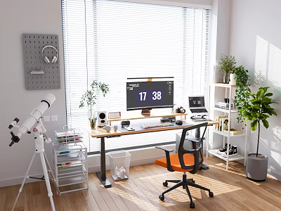 Bright Home Office Desk With Computer Monitor Headphones Telescope Plants And Bookshelf 3d model