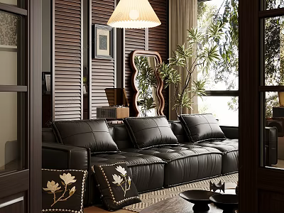 Elegant Living Room Interior With Black Leather Sofa Decorative Mirror Green Plant And Wooden Shutters 3d model