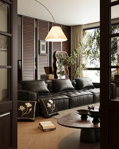 Elegant Living Room Interior With Black Leather Sofa Decorative Mirror Green Plant And Wooden Shutters 3d model