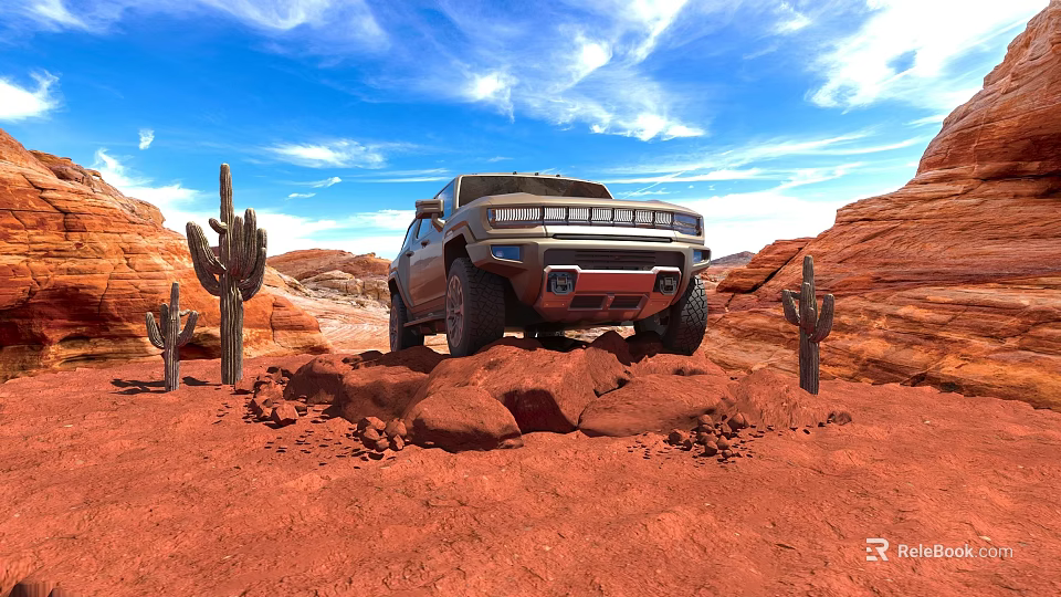 Rugged Off Road SUV Car Driving Through Red Rocks and Cacti in Desert Wilderness with Blue Sky 3d model 